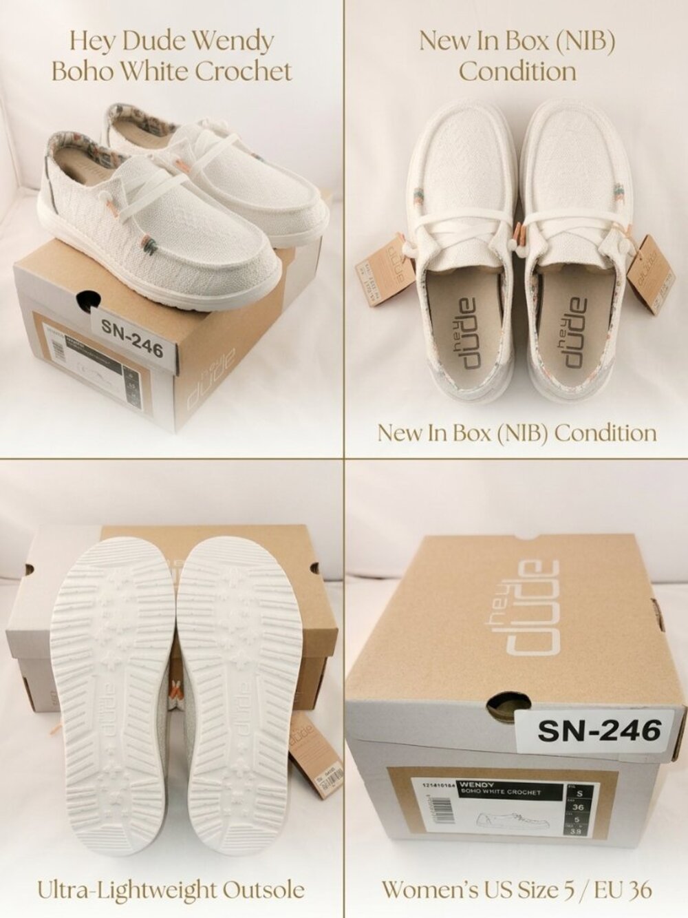 New Hey Dude Wendy Boho White Crochet Loafers - Women’s Size 5 (EU 36) - NIB